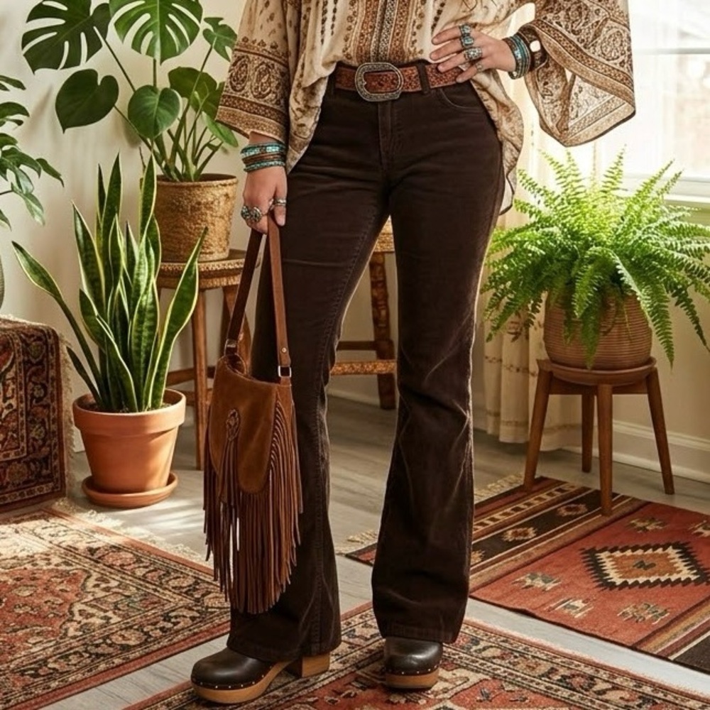 One 5 One Dark Chocolate Brown Corduroy Flare Pants Embellished Flap Pockets Y2K